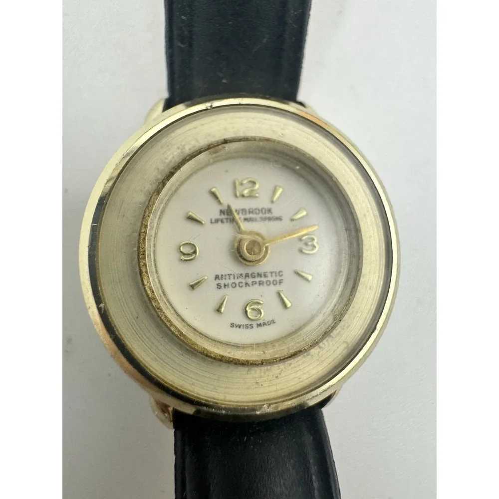 Vintage‎ Newbrook Swiss Made Antimagnetic Shockproof Gold Tone Watch Black Strap